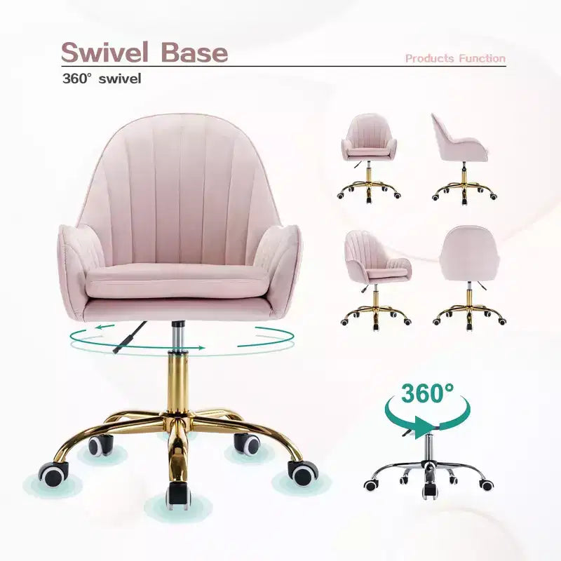 Sedia da ufficio Okak Velvet, simpatica sedia da scrivania con base in metallo dorato, sedia da toeletta per soggiorno, sala trucco, studio, rosa