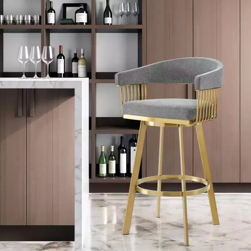 HomeRoots Sedia da bar girevole con schienale basso in tessuto grigio e oro e acciaio inossidabile, altezza bar, 30