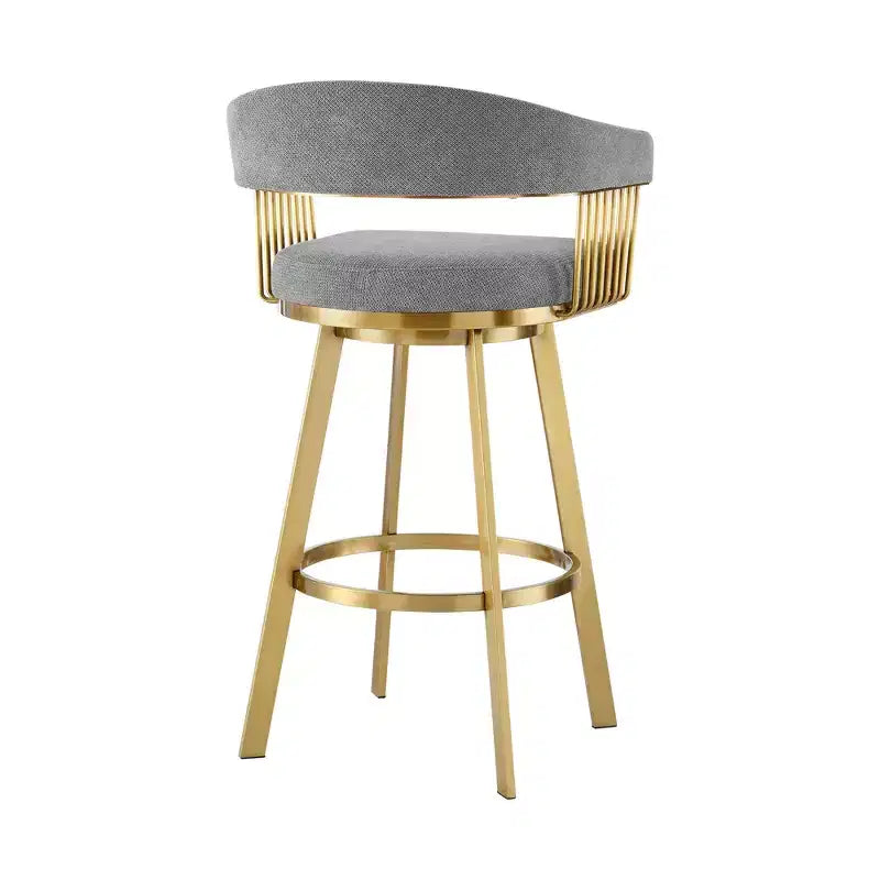 HomeRoots Sedia da bar girevole con schienale basso in tessuto grigio e oro e acciaio inossidabile, altezza bar, 30
