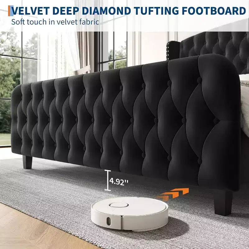 Struttura Letto Alta 51 pollici con Testiera e Pediera Imbottite a Bottone Profondo, Letto a Piattaforma Rivestito in Velluto, Nessuna Rete a Molle Necessaria