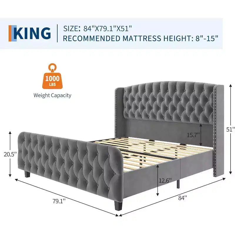 Struttura Letto Alta 51 pollici con Testiera e Pediera Imbottite a Bottone Profondo, Letto a Piattaforma Rivestito in Velluto, Nessuna Rete a Molle Necessaria