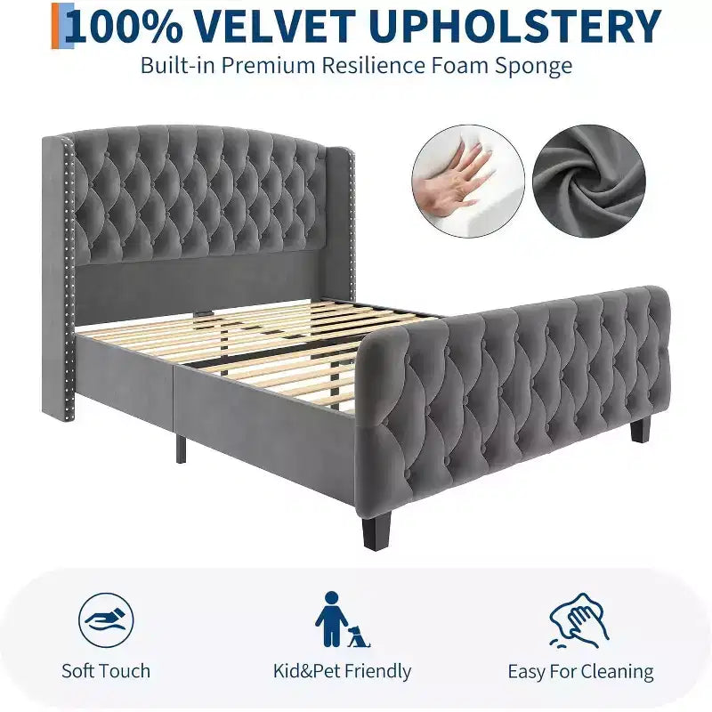 Struttura Letto Alta 51 pollici con Testiera e Pediera Imbottite a Bottone Profondo, Letto a Piattaforma Rivestito in Velluto, Nessuna Rete a Molle Necessaria