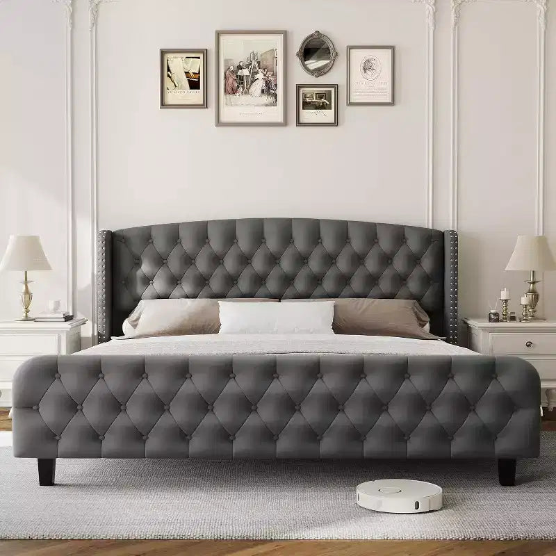Struttura Letto Alta 51 pollici con Testiera e Pediera Imbottite a Bottone Profondo, Letto a Piattaforma Rivestito in Velluto, Nessuna Rete a Molle Necessaria
