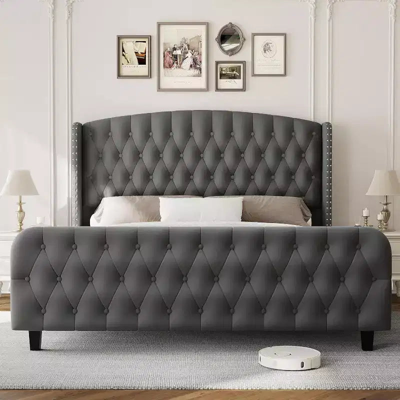 Struttura Letto Alta 51 pollici con Testiera e Pediera Imbottite a Bottone Profondo, Letto a Piattaforma Rivestito in Velluto, Nessuna Rete a Molle Necessaria