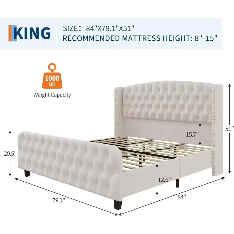 Struttura Letto Alta 51 pollici con Testiera e Pediera Imbottite a Bottone Profondo, Letto a Piattaforma Rivestito in Velluto, Nessuna Rete a Molle Necessaria