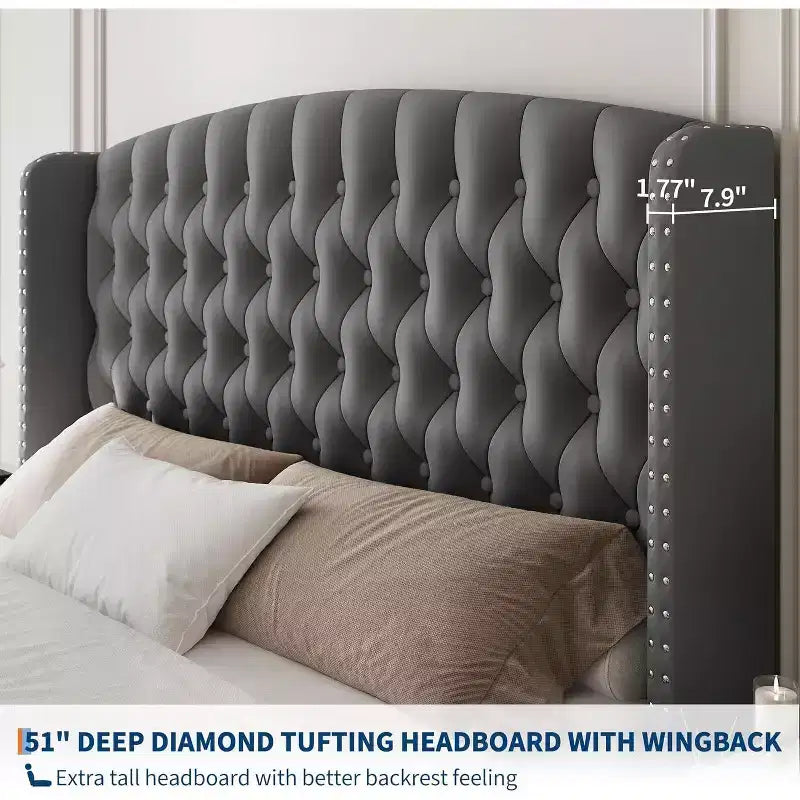 Struttura Letto Alta 51 pollici con Testiera e Pediera Imbottite a Bottone Profondo, Letto a Piattaforma Rivestito in Velluto, Nessuna Rete a Molle Necessaria
