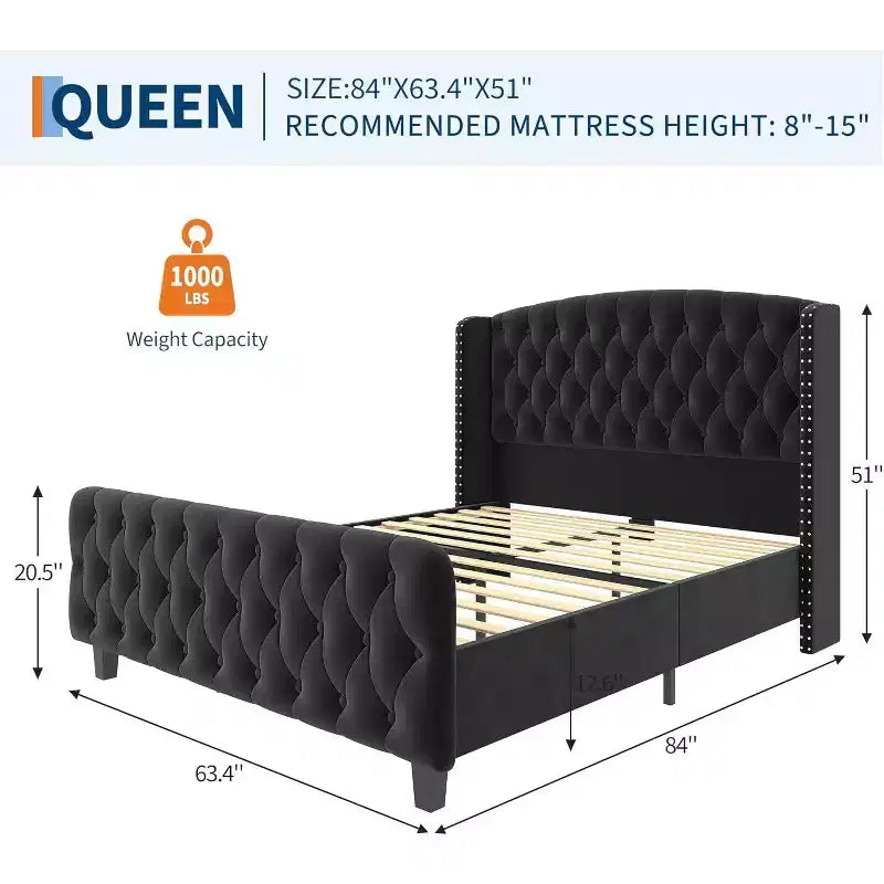 Struttura Letto Alta 51 pollici con Testiera e Pediera Imbottite a Bottone Profondo, Letto a Piattaforma Rivestito in Velluto, Nessuna Rete a Molle Necessaria
