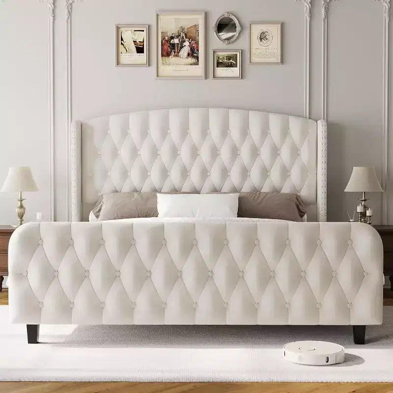 Struttura Letto Alta 51 pollici con Testiera e Pediera Imbottite a Bottone Profondo, Letto a Piattaforma Rivestito in Velluto, Nessuna Rete a Molle Necessaria