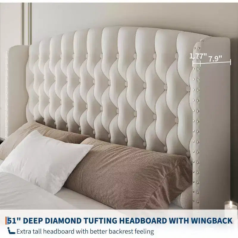Struttura Letto Alta 51 pollici con Testiera e Pediera Imbottite a Bottone Profondo, Letto a Piattaforma Rivestito in Velluto, Nessuna Rete a Molle Necessaria