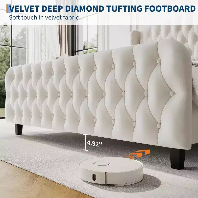 Struttura Letto Alta 51 pollici con Testiera e Pediera Imbottite a Bottone Profondo, Letto a Piattaforma Rivestito in Velluto, Nessuna Rete a Molle Necessaria