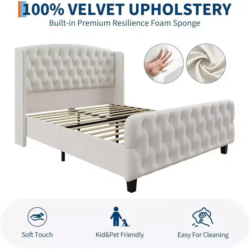 Struttura Letto Alta 51 pollici con Testiera e Pediera Imbottite a Bottone Profondo, Letto a Piattaforma Rivestito in Velluto, Nessuna Rete a Molle Necessaria