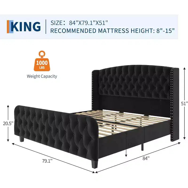 Struttura Letto Alta 51 pollici con Testiera e Pediera Imbottite a Bottone Profondo, Letto a Piattaforma Rivestito in Velluto, Nessuna Rete a Molle Necessaria