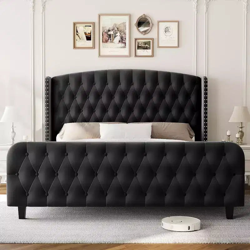 Struttura Letto Alta 51 pollici con Testiera e Pediera Imbottite a Bottone Profondo, Letto a Piattaforma Rivestito in Velluto, Nessuna Rete a Molle Necessaria