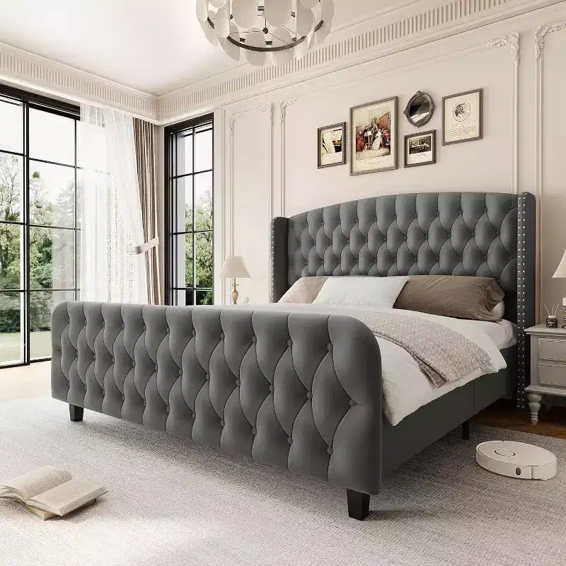 Struttura Letto Alta 51 pollici con Testiera e Pediera Imbottite a Bottone Profondo, Letto a Piattaforma Rivestito in Velluto, Nessuna Rete a Molle Necessaria