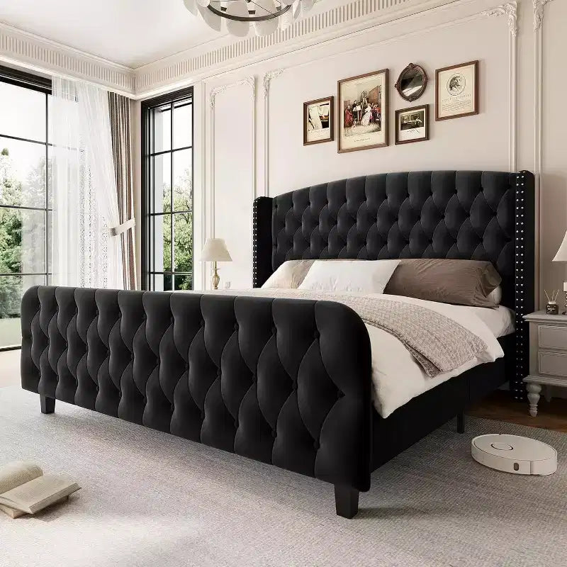 Struttura Letto Alta 51 pollici con Testiera e Pediera Imbottite a Bottone Profondo, Letto a Piattaforma Rivestito in Velluto, Nessuna Rete a Molle Necessaria