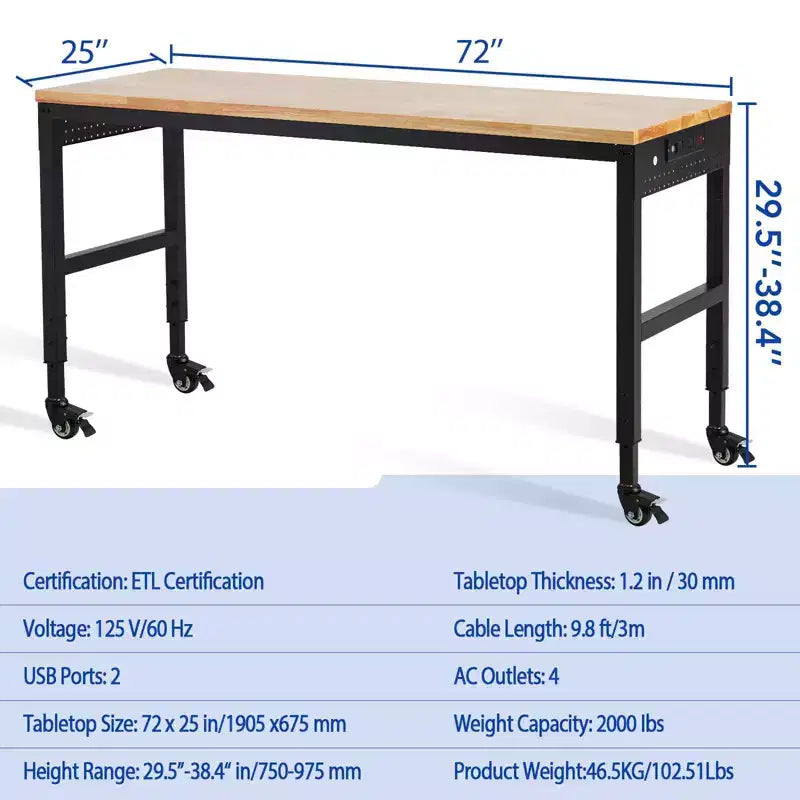 COZONY Banco da lavoro regolabile 75 x 25, tavolo da lavoro resistente 900 kg con ruote e presa di corrente, tavolo multiuso per officina e garage