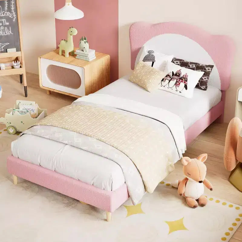 Struttura Letto Singolo per Bambini - Letto a Piattaforma da Principessa in Velluto Carino con Testiera Imbottita per Bambini, Supporto a Doghe in Legno Massiccio, Nessuna Molla Richiesta
