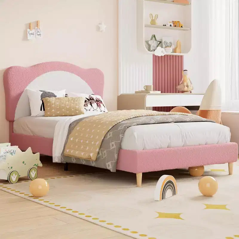 Struttura Letto Singolo per Bambini - Letto a Piattaforma da Principessa in Velluto Carino con Testiera Imbottita per Bambini, Supporto a Doghe in Legno Massiccio, Nessuna Molla Richiesta