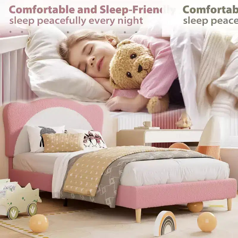 Struttura Letto Singolo per Bambini - Letto a Piattaforma da Principessa in Velluto Carino con Testiera Imbottita per Bambini, Supporto a Doghe in Legno Massiccio, Nessuna Molla Richiesta