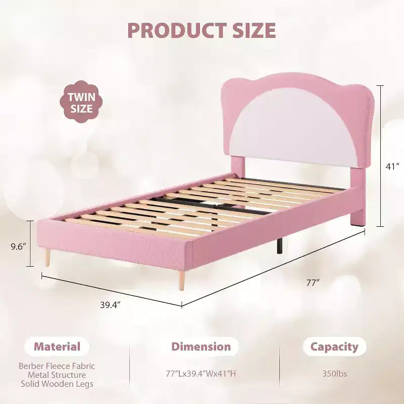 Struttura Letto Singolo per Bambini - Letto a Piattaforma da Principessa in Velluto Carino con Testiera Imbottita per Bambini, Supporto a Doghe in Legno Massiccio, Nessuna Molla Richiesta