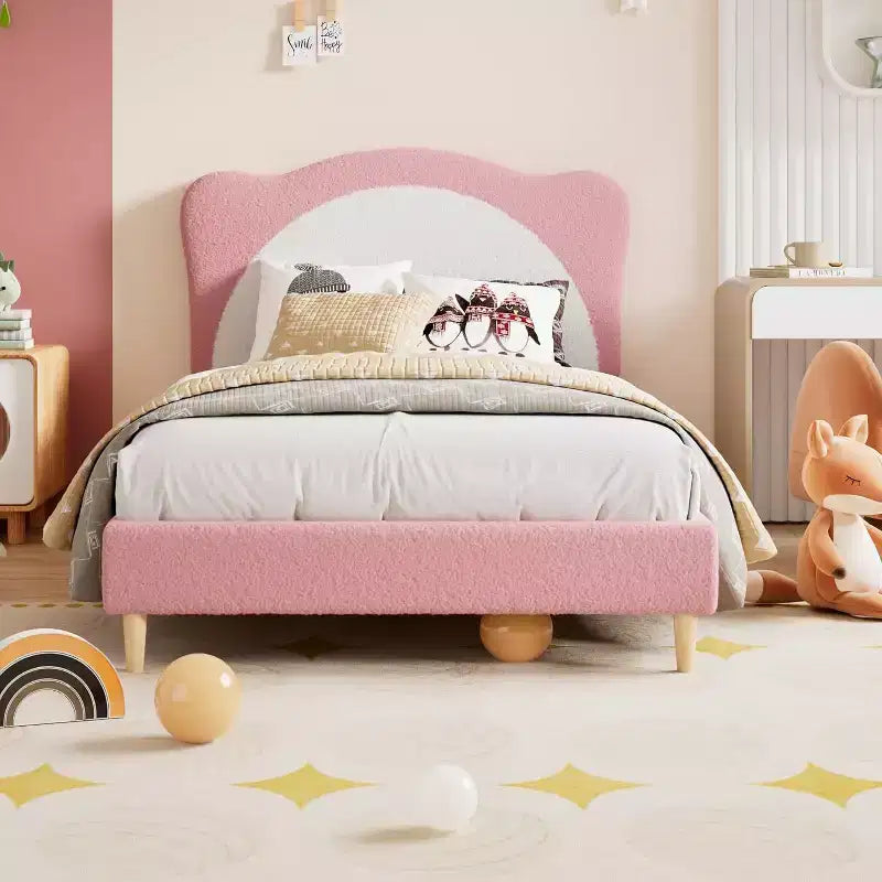 Struttura Letto Singolo per Bambini - Letto a Piattaforma da Principessa in Velluto Carino con Testiera Imbottita per Bambini, Supporto a Doghe in Legno Massiccio, Nessuna Molla Richiesta