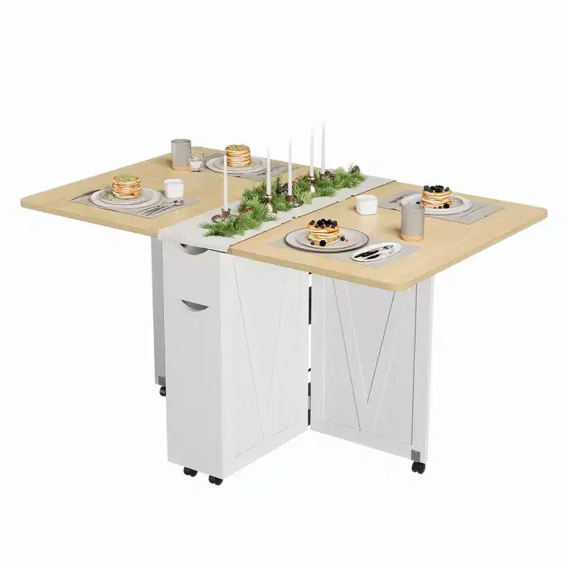 Tavolo da Pranzo Pieghevole per Piccoli Spazi, Tavolo a Ribalta Multifunzionale con Mobile Contenitore, Cassetto e Ruote, 4 Posti, Isola Cucina Salvaspazio