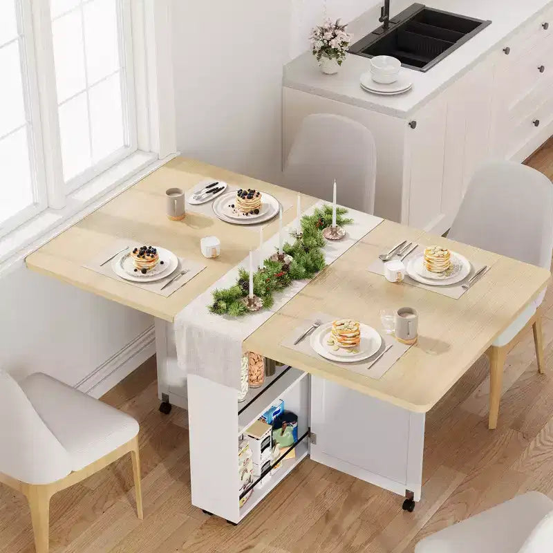 Tavolo da Pranzo Pieghevole per Piccoli Spazi, Tavolo a Ribalta Multifunzionale con Mobile Contenitore, Cassetto e Ruote, 4 Posti, Isola Cucina Salvaspazio