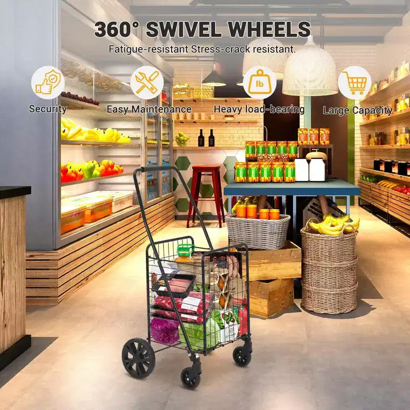 Carrello spesa pieghevole, capacità 50 kg, carrello per la spesa pieghevole con cestino da 83 litri e ruote, carrello spesa portatile leggero per generi alimentari