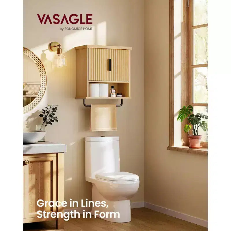 Pensile da Bagno - Armadietto sopra il WC con Ante Scanalate, Portasciugamani, Ripiano Regolabile, Larghezza 45 cm, Beige Quercia
