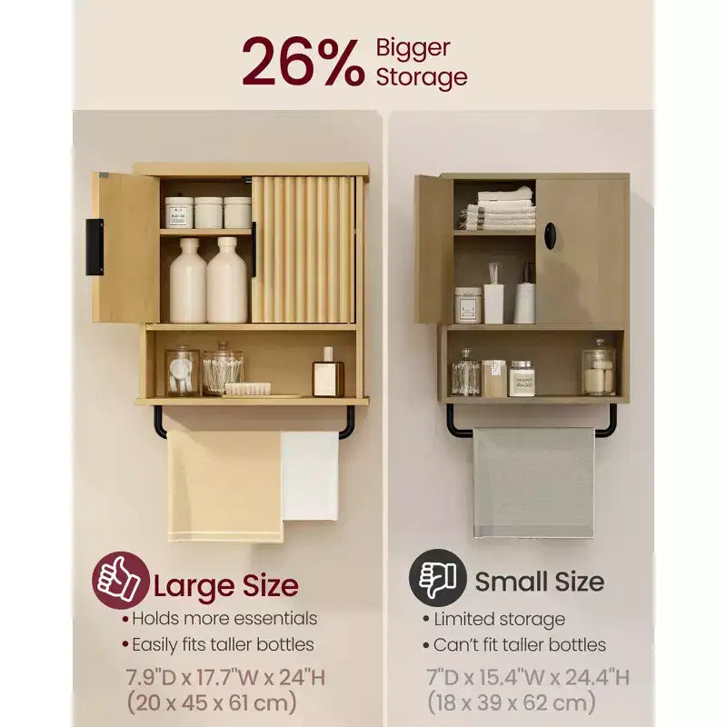 Pensile da Bagno - Armadietto sopra il WC con Ante Scanalate, Portasciugamani, Ripiano Regolabile, Larghezza 45 cm, Beige Quercia