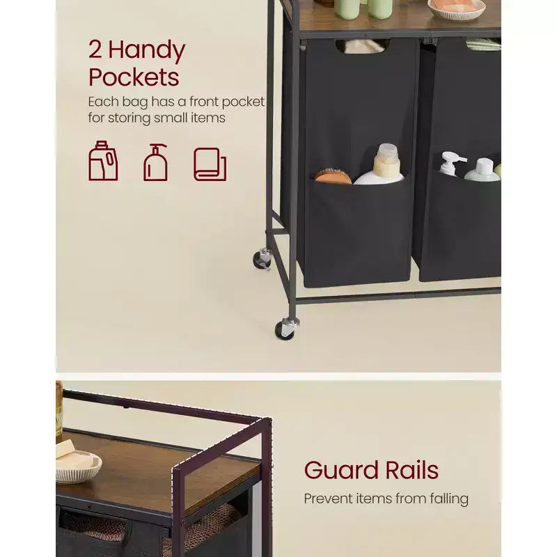 Carrello Portabiancheria con 2 Sacchi Rimovibili, Design Estraibile, Ripiano Superiore e Ruote Bloccabili