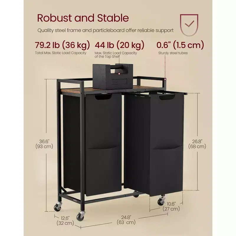 Carrello Portabiancheria con 2 Sacchi Rimovibili, Design Estraibile, Ripiano Superiore e Ruote Bloccabili