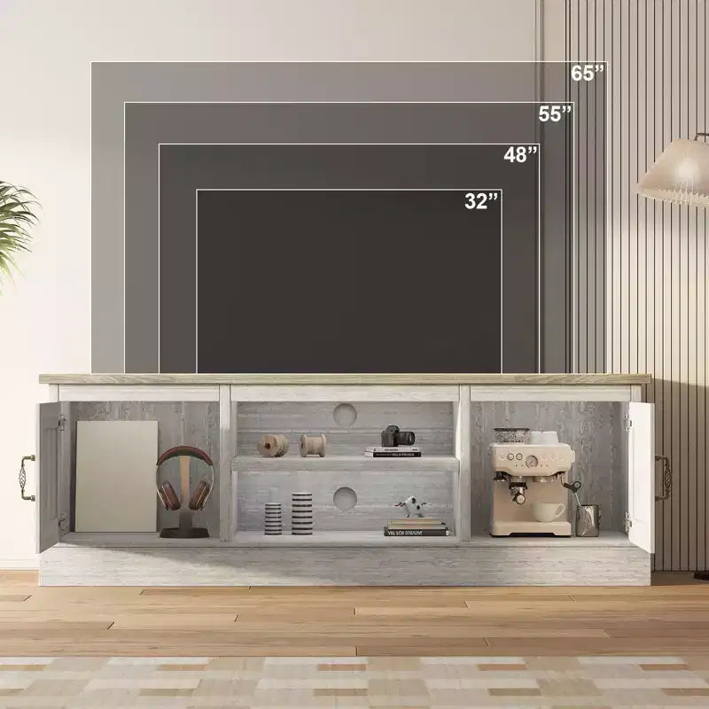 Mobile TV moderno per TV fino a 65'', Centro di intrattenimento in legno con armadietto, Tavolo console TV multimediale moderno per soggiorno camera da letto