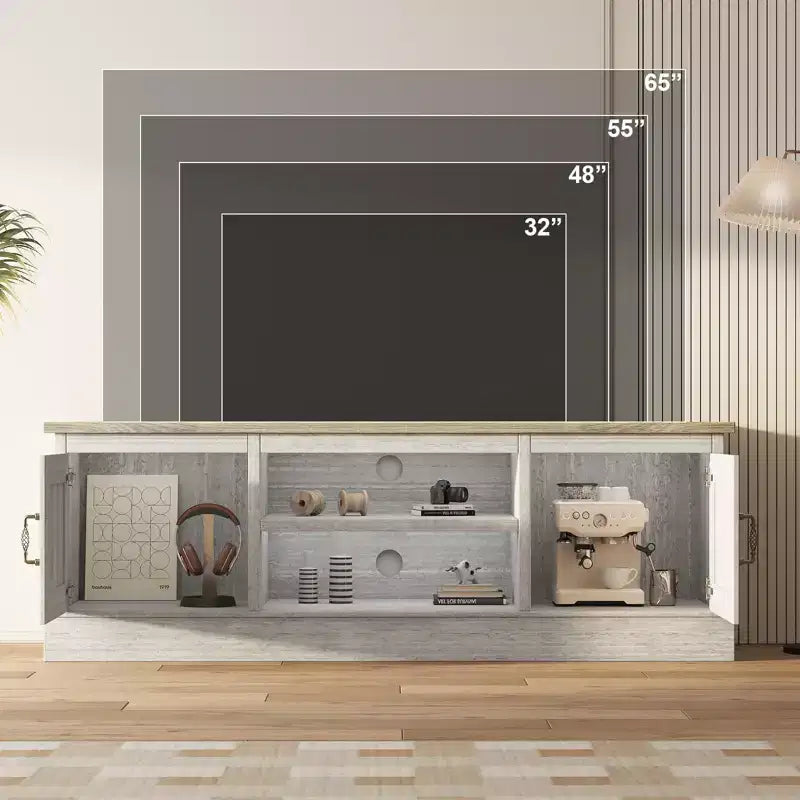 Mobile TV moderno per TV fino a 65'', Centro di intrattenimento in legno con armadietto, Tavolo console TV multimediale moderno per soggiorno camera da letto