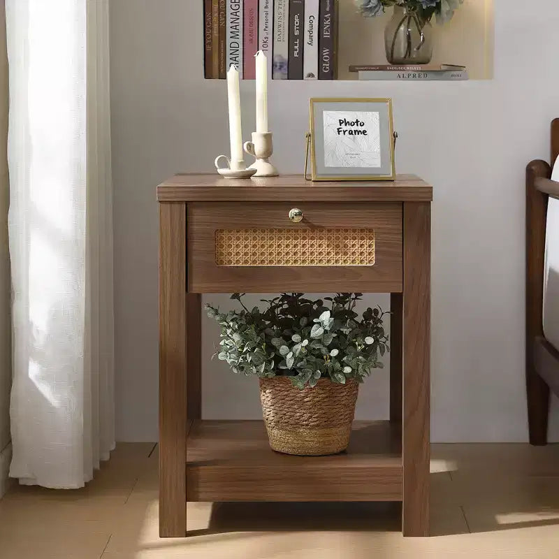 Bekrvio Set di 1/2 comodini boho in rattan da 45 cm, tavolo da letto con cassetto e pomelli in ottone, tavolino in legno con ripiano aperto per camera da letto/soggiorno