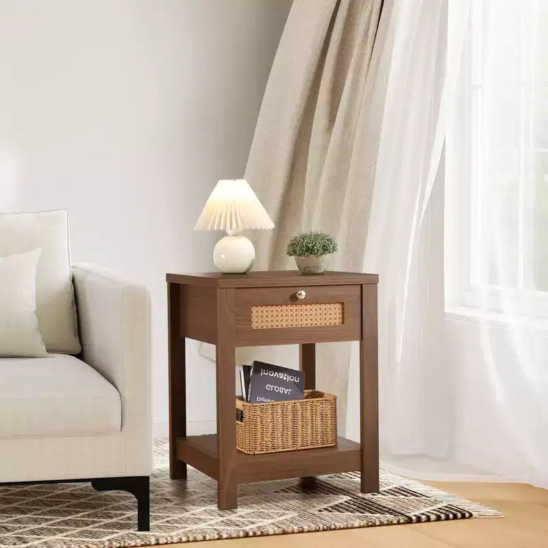Bekrvio Set di 1/2 comodini boho in rattan da 45 cm, tavolo da letto con cassetto e pomelli in ottone, tavolino in legno con ripiano aperto per camera da letto/soggiorno