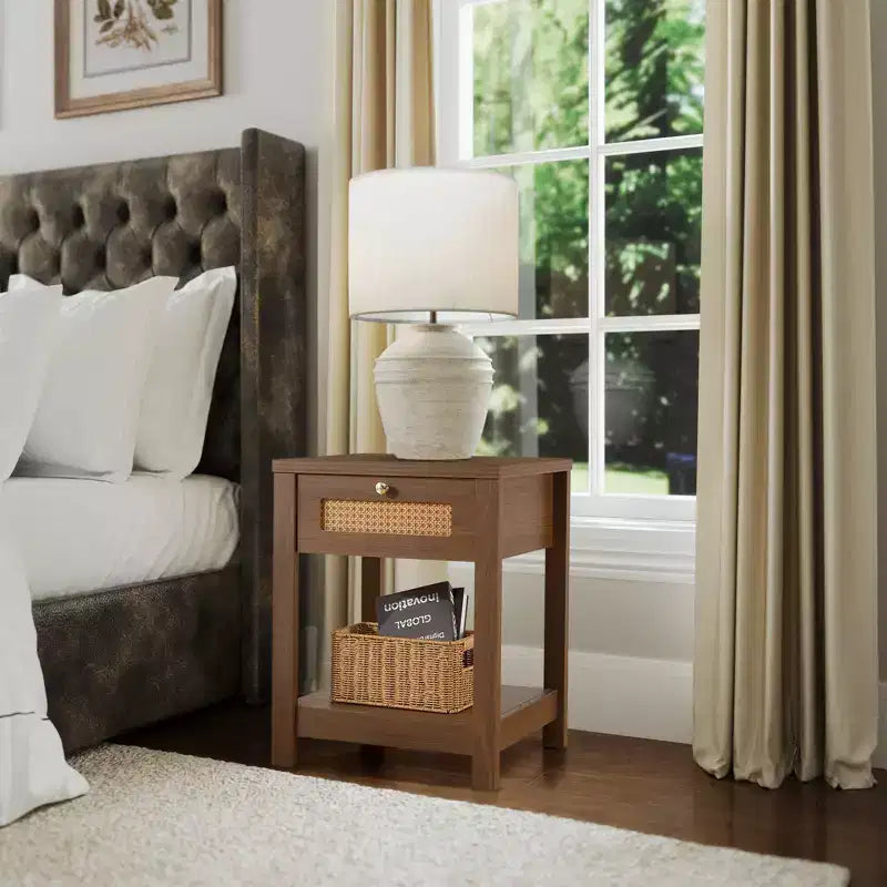 Bekrvio Set di 1/2 comodini boho in rattan da 45 cm, tavolo da letto con cassetto e pomelli in ottone, tavolino in legno con ripiano aperto per camera da letto/soggiorno