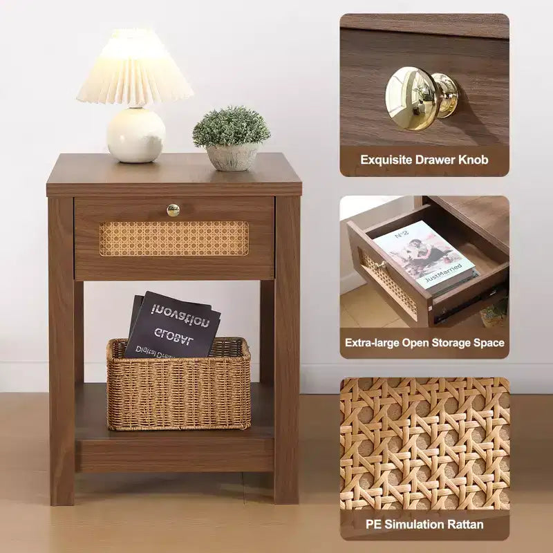 Bekrvio Set di 1/2 comodini boho in rattan da 45 cm, tavolo da letto con cassetto e pomelli in ottone, tavolino in legno con ripiano aperto per camera da letto/soggiorno