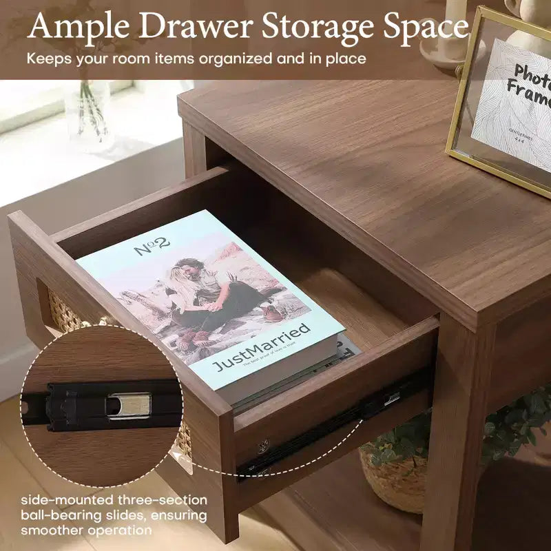 Bekrvio Set di 1/2 comodini boho in rattan da 45 cm, tavolo da letto con cassetto e pomelli in ottone, tavolino in legno con ripiano aperto per camera da letto/soggiorno