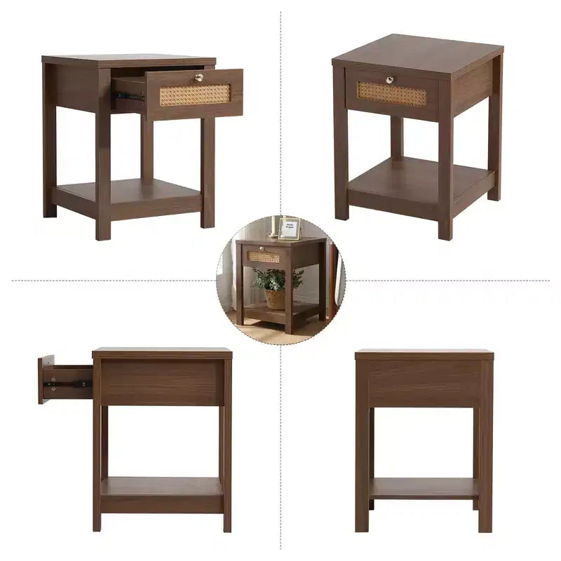 Bekrvio Set di 1/2 comodini boho in rattan da 45 cm, tavolo da letto con cassetto e pomelli in ottone, tavolino in legno con ripiano aperto per camera da letto/soggiorno