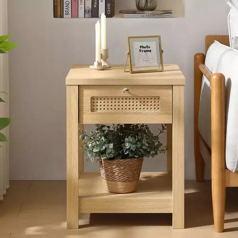 Bekrvio Set di 1/2 comodini boho in rattan da 45 cm, tavolo da letto con cassetto e pomelli in ottone, tavolino in legno con ripiano aperto per camera da letto/soggiorno