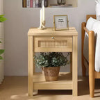 Bekrvio Set di 1/2 comodini boho in rattan da 45 cm, tavolo da letto con cassetto e pomelli in ottone, tavolino in legno con ripiano aperto per camera da letto/soggiorno