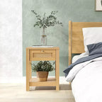 Bekrvio Set di 1/2 comodini boho in rattan da 45 cm, tavolo da letto con cassetto e pomelli in ottone, tavolino in legno con ripiano aperto per camera da letto/soggiorno