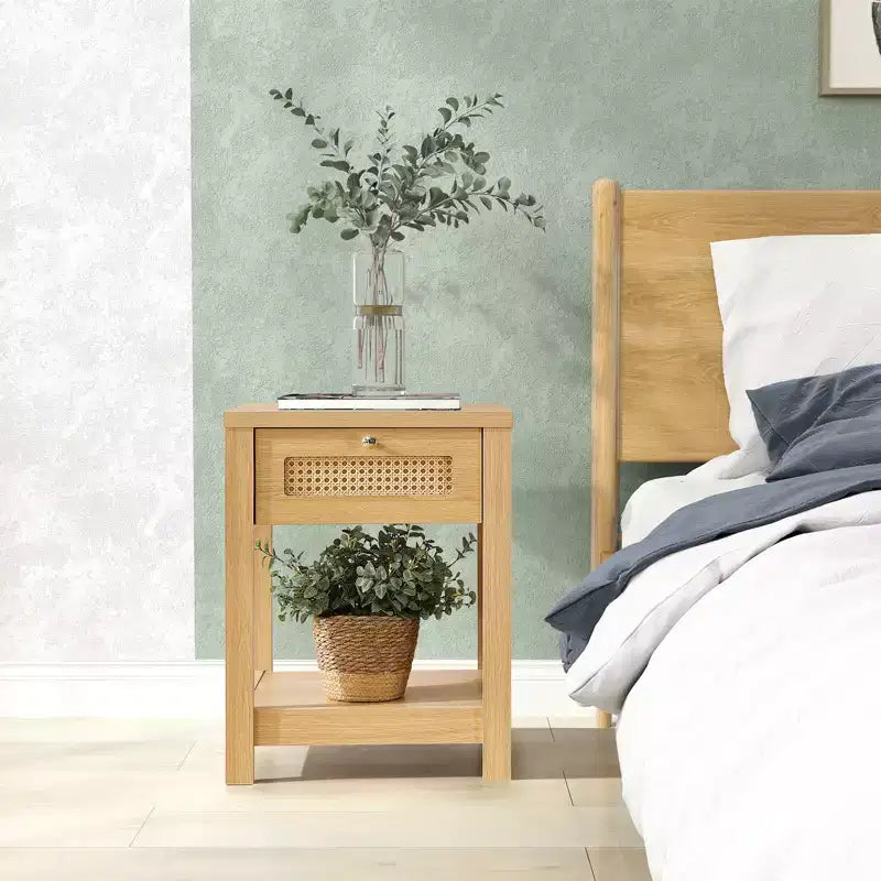 Bekrvio Set di 1/2 comodini boho in rattan da 45 cm, tavolo da letto con cassetto e pomelli in ottone, tavolino in legno con ripiano aperto per camera da letto/soggiorno