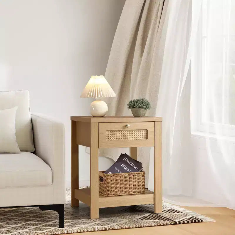 Bekrvio Set di 1/2 comodini boho in rattan da 45 cm, tavolo da letto con cassetto e pomelli in ottone, tavolino in legno con ripiano aperto per camera da letto/soggiorno