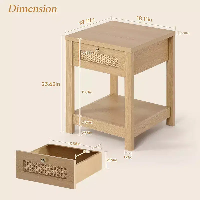 Bekrvio Set di 1/2 comodini boho in rattan da 45 cm, tavolo da letto con cassetto e pomelli in ottone, tavolino in legno con ripiano aperto per camera da letto/soggiorno