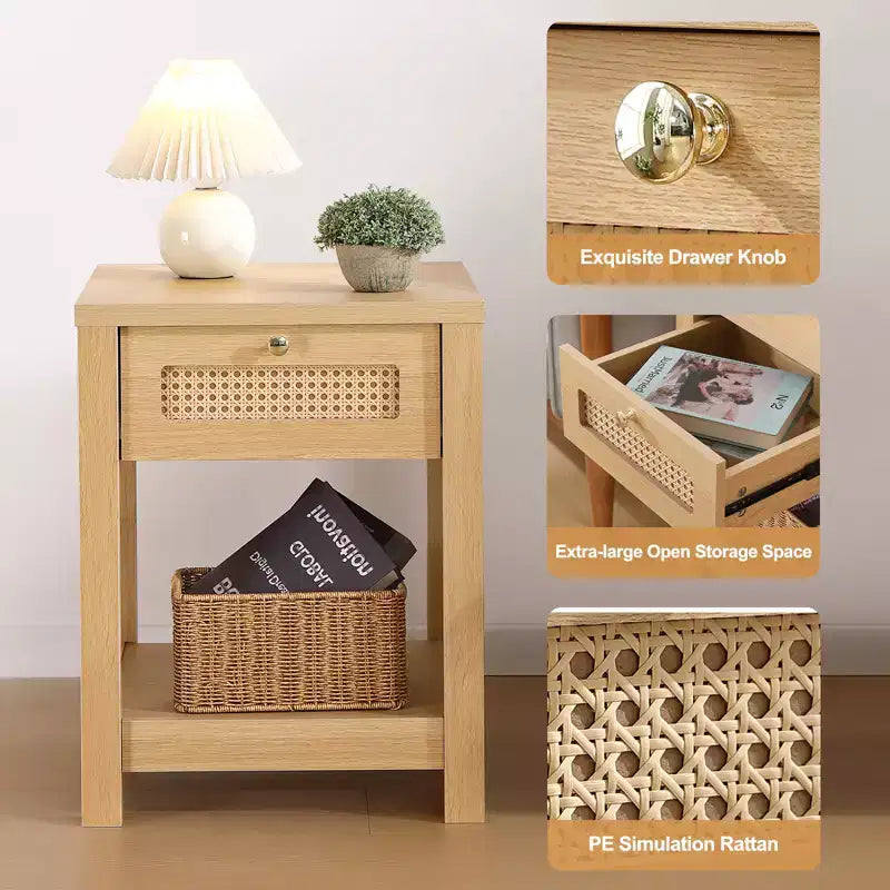 Bekrvio Set di 1/2 comodini boho in rattan da 45 cm, tavolo da letto con cassetto e pomelli in ottone, tavolino in legno con ripiano aperto per camera da letto/soggiorno