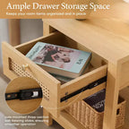 Bekrvio Set di 1/2 comodini boho in rattan da 45 cm, tavolo da letto con cassetto e pomelli in ottone, tavolino in legno con ripiano aperto per camera da letto/soggiorno