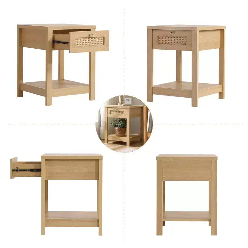 Bekrvio Set di 1/2 comodini boho in rattan da 45 cm, tavolo da letto con cassetto e pomelli in ottone, tavolino in legno con ripiano aperto per camera da letto/soggiorno