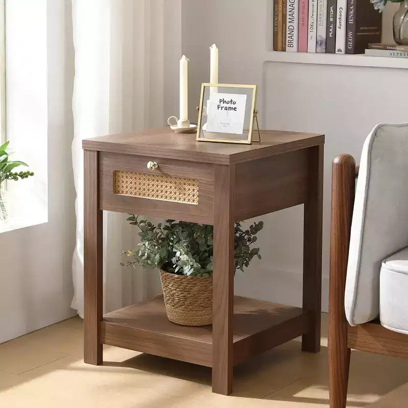 Bekrvio Set di 1/2 comodini boho in rattan da 45 cm, tavolo da letto con cassetto e pomelli in ottone, tavolino in legno con ripiano aperto per camera da letto/soggiorno